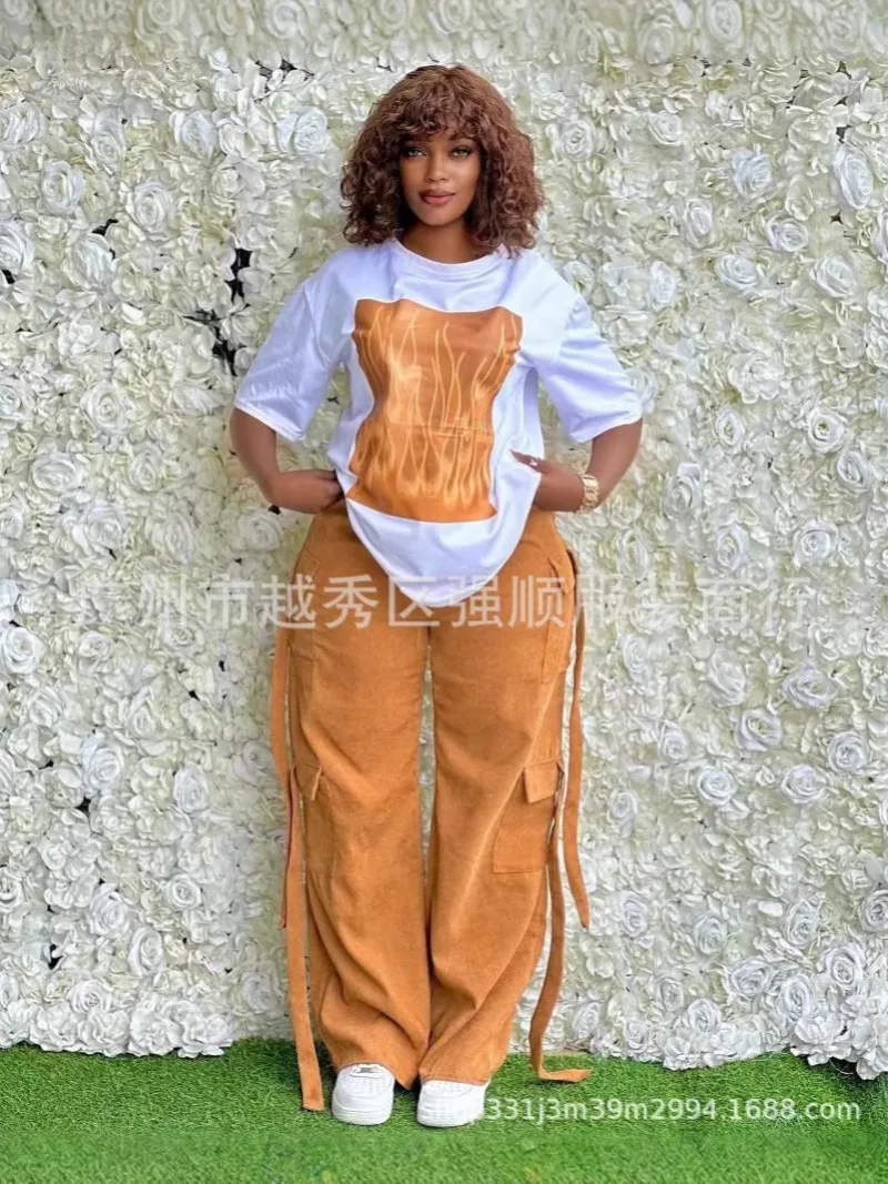 

2 Piece Women Set Dashiki African Clothes Summer Autumn New Fashion Short Sleeve Top And Pants Suit Party Lady Matching Sets
