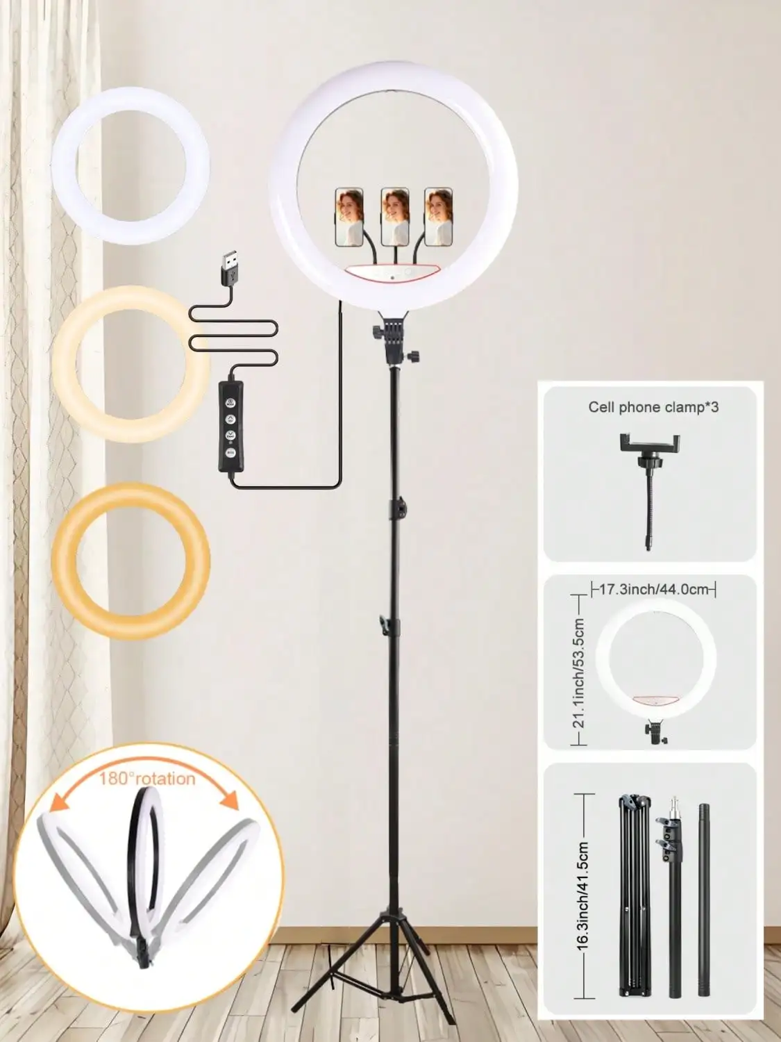 

Professional 18 Inch Ring Light Kit With Storage Bag- 1.86m Collapsible Tripod With 3 Adjustable Phone Holders, 3 Lighting Modes (Warm/White/Cool), Perfect For Portrait Photography/Videos/Online Teaching