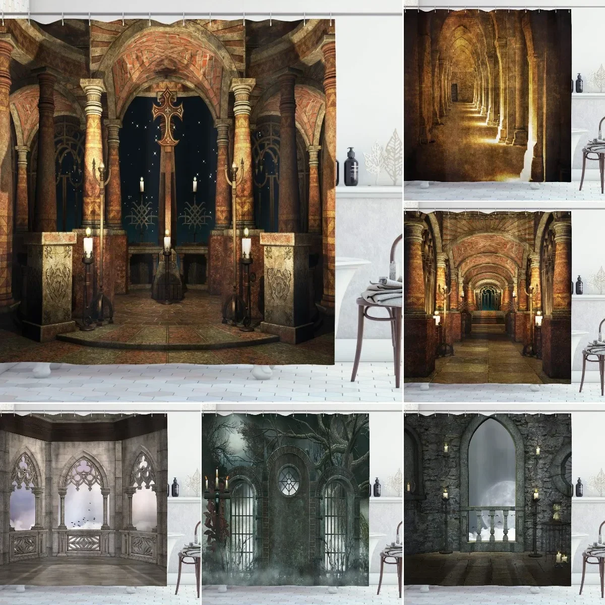 Gothic Shower Curtain,Dark Mystic Hall with Pillars and Dome Shrine Building Illustration,Cloth Fabric Bathroom Decor with Hooks