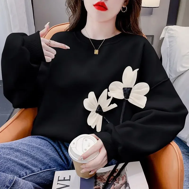 

Women's Clothing Korean Autumn Winter Tie Flowers Solid Color Lantern Long Sleeve Pullover Hoodies Casual Loose Flattering Tops