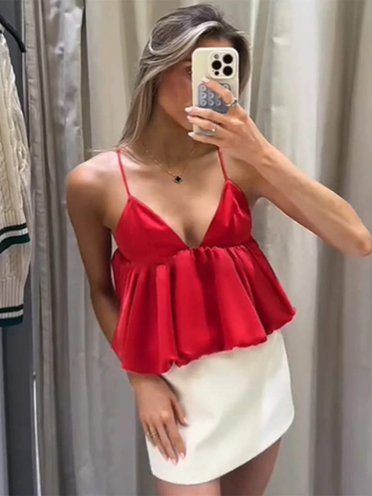 

Puffy Hem Halter Vest Short Top Silk Satin Pleated Sleeveless V-Neck Backless Suspender Baggy Sexy Women Camisole Blouse Summer