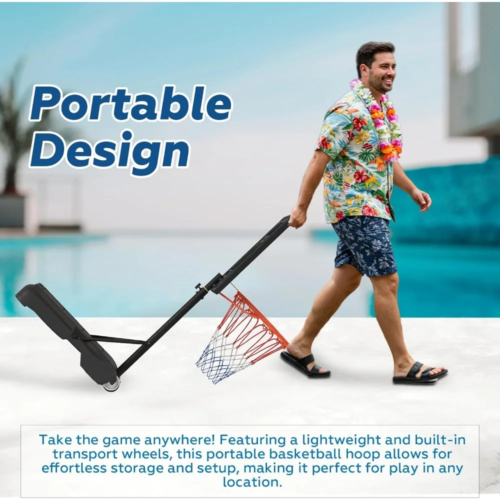 cesta de basquete de altura ajustável para piscinas, 3,9 a 6,9 pés, estrutura pe preta, base de água, bomba de ar e bola de borracha de 8 polegadas incluída