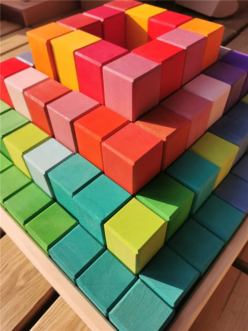 100pcs Large Wooden Building Toys Basswood Rainbow Pyramid Stacking Blocks for Kids Creative Play