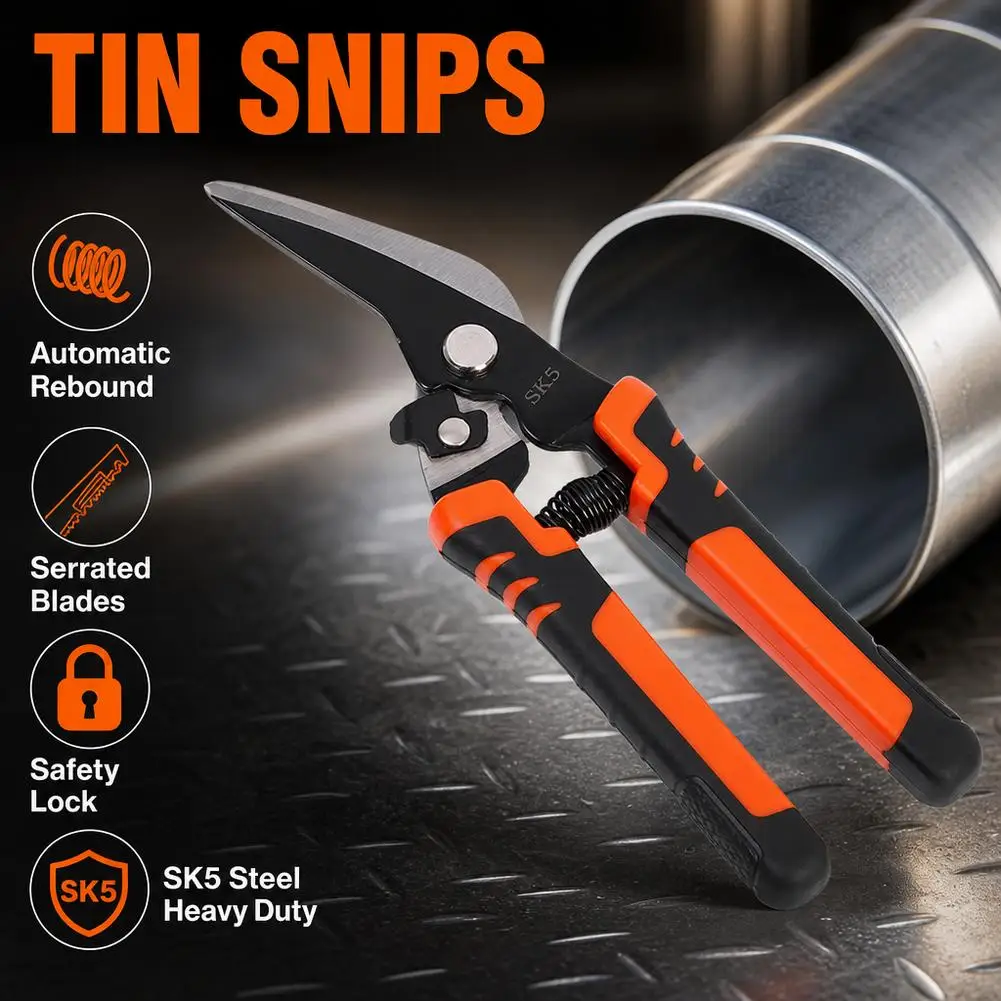 Iron Sheet Scissors Ergonomic Orange/Black Handle Straight Head Elbow Iron Scissors Pliers for Duct Wire Cutting Tool 1pcs
