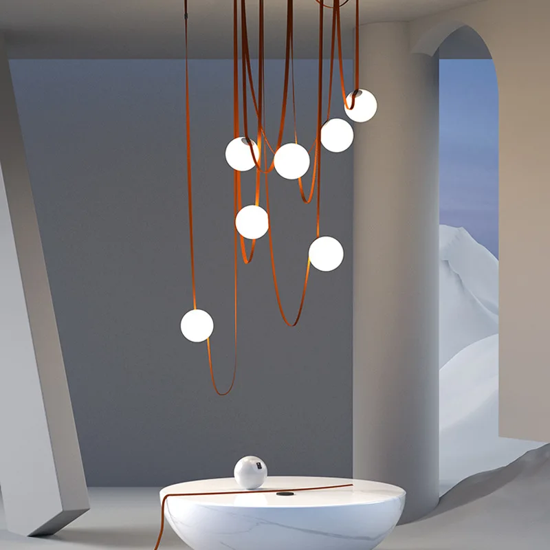 

Nordic Belt Chandelier Italian Leather Pendant Lights for Staircase Living Room Hotel Restaurant Dining Room Decoration Light