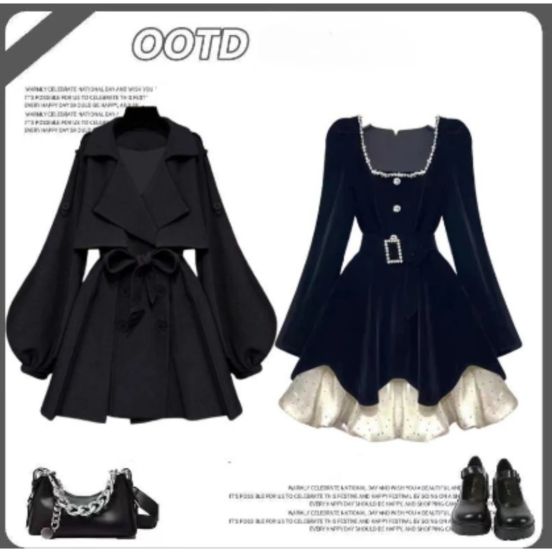 2026 ملابس نسائية كبيرة الحجم فستان الخريف مزاجه جديد صغير عطرة نمط موضة الربط ساحة الرقبة فستان أسود #6