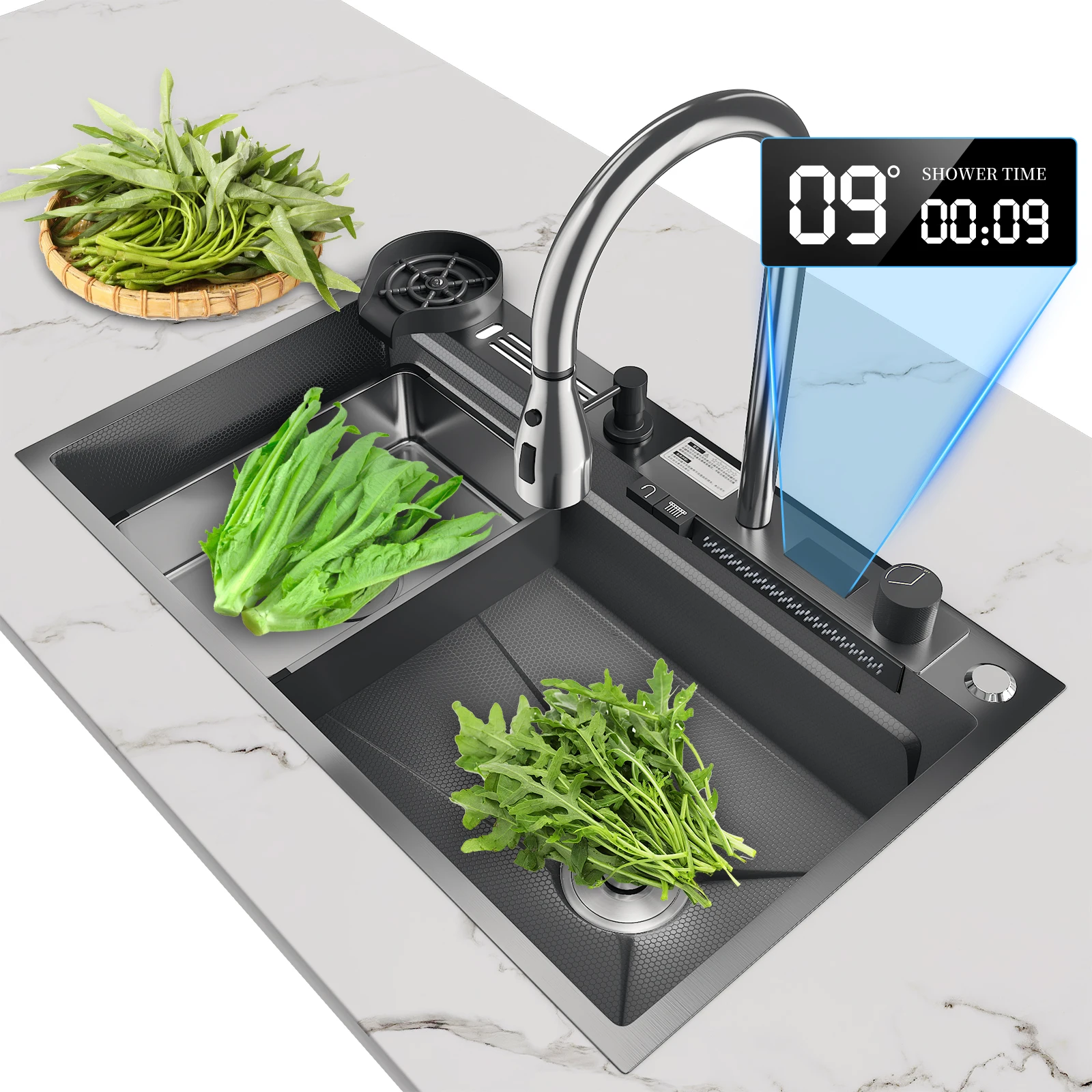 Edelstahl-Wasserfall-Küchenspüle mit großem Einzelbecken und integriertem Digital-Display-Wasserhahn-Set für Geschirr, Obst und Gemüse – Detail 3