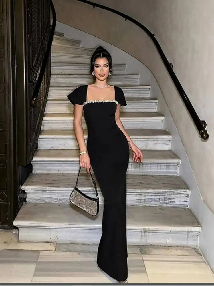 Nuevo vestido Bandage de diamantes con cuello cuadrado y manga corta para mujer, vestido largo hasta el suelo, vestido Maxi de fiesta de celebridades a la moda