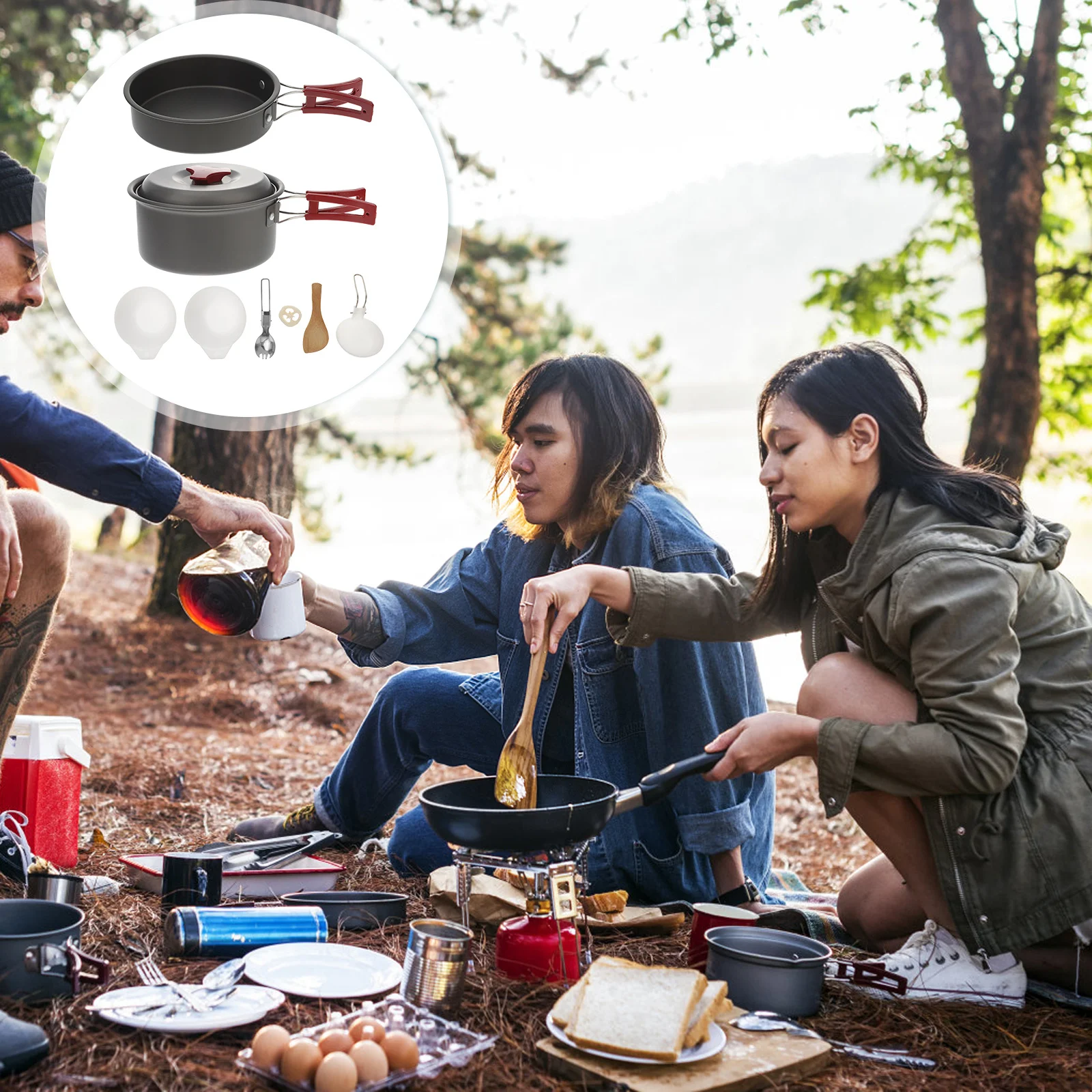 

1Set Camping Cookware Set Aluminum Foldable Handle Outdoor Cooker Picnic Pot Pan Set for 1-2 People Camping Hiking Cookware