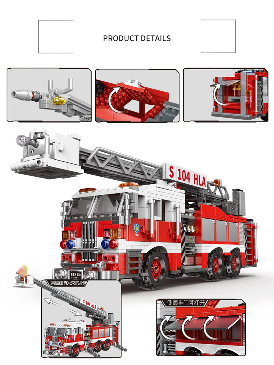 MOC Technical City Ladder Firetruck Fire Truck Building Blocks Police Set Bricks Moc Water Tank Firemen Car Bricks Toys For Kids