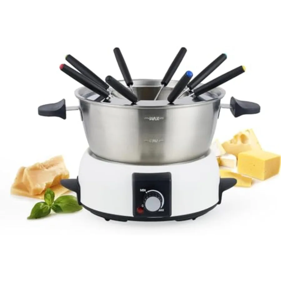 

Electric fondue pot set for cheese and chocolate: stainless steel silver 6-cup capacity with 8 color-coded forks and 3-mode adj
