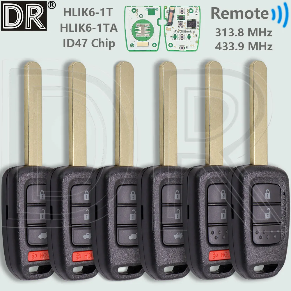 DR ID47 PCF7961X 313.8/433.9MHz HLIK6-1T/1TA Car Remote Key For Honda Accord Civic City CR-V XR-V Vezel HR-V FRV Jazz 2013-2017