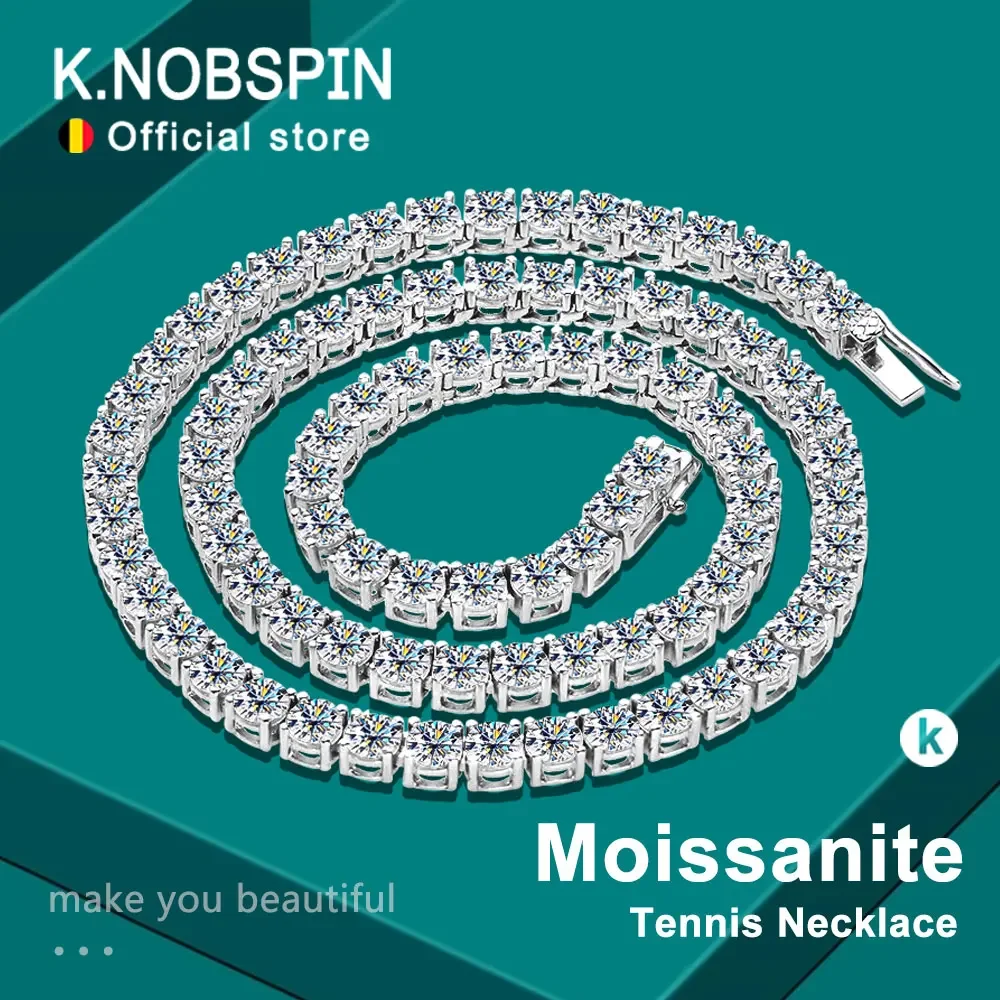 

KNOBSPIN D Color Moissanite Tennis Necklace 925 Sterling Silver Plated 18K Gold Hiphop Party Jewelry
