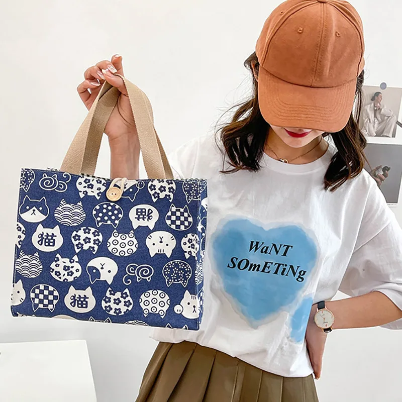 Printed Lunch Bag For Women Girl Large Capacity Work Food Container Bags Portable Canvas Travel Picnic Lunch Bags