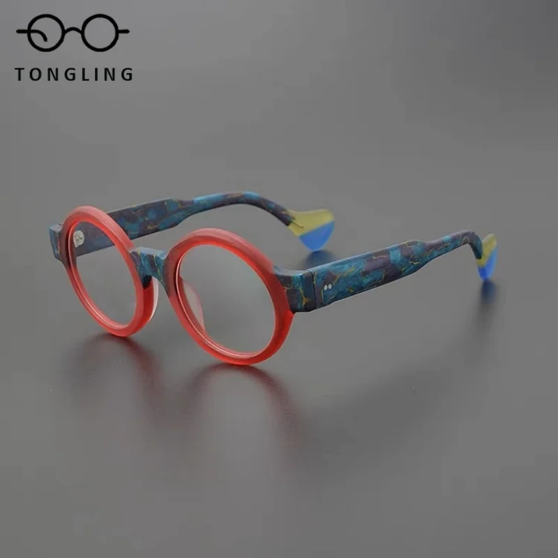 Men Luxurious Brand Round Unique Eyewear Frame Fashion High-Quality Women Handcrafted Multi-Color Matte Acetate Rimmed Glasses