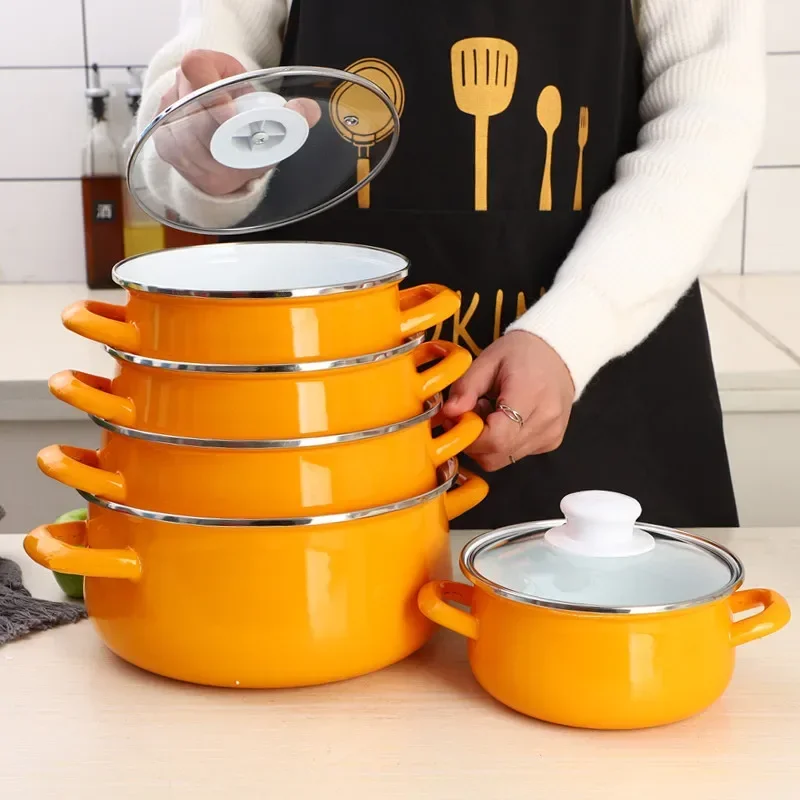 Nonstick Enamel Cooking Hot Pot Thick Bottom Stock Pot Handle Ramen Noodles Gas Cooker Kitchen Cookware