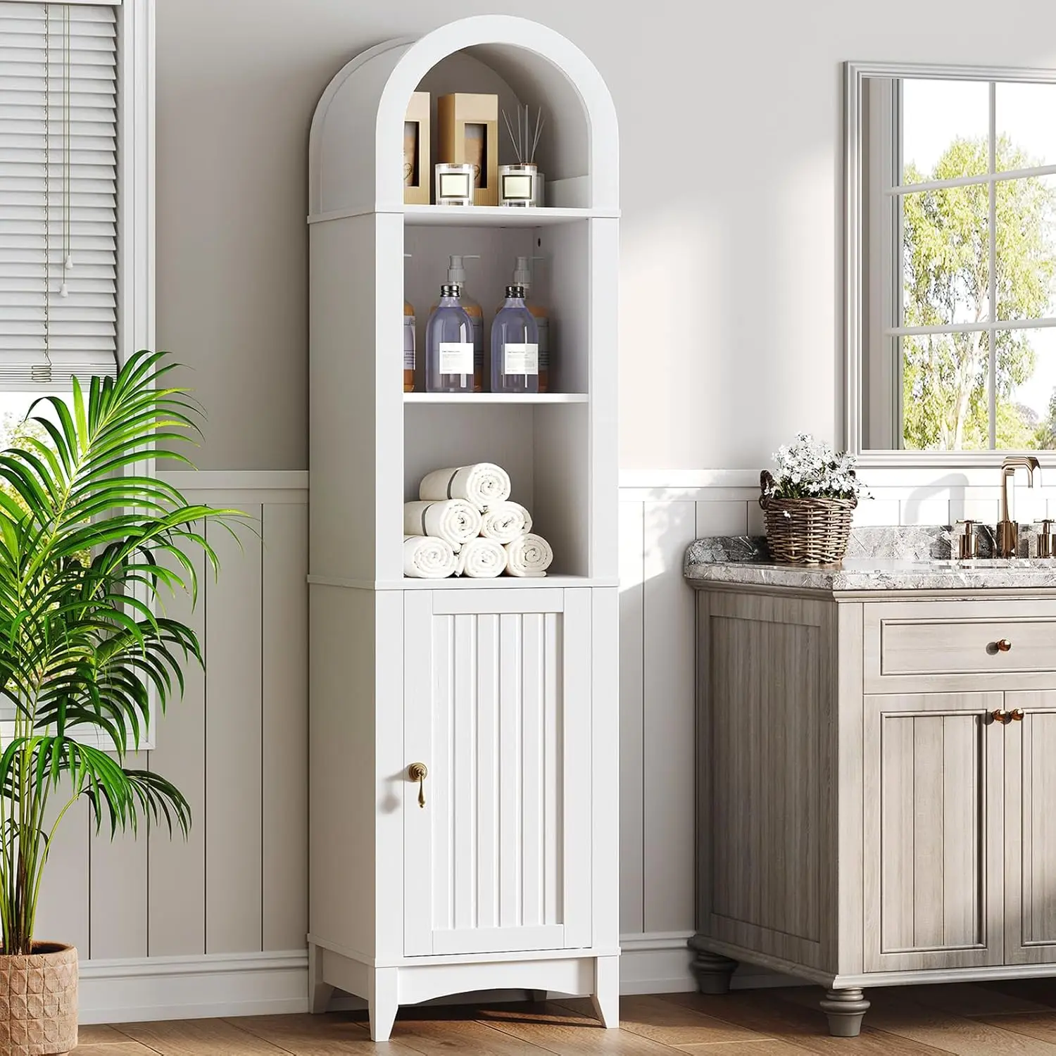 

Высокий арочный шкаф для ванной комнаты 69 дюймов с рифленой отделкой, 5 полок, экономия пространства, для ванной, кухни, гостиной, белый, на заказ