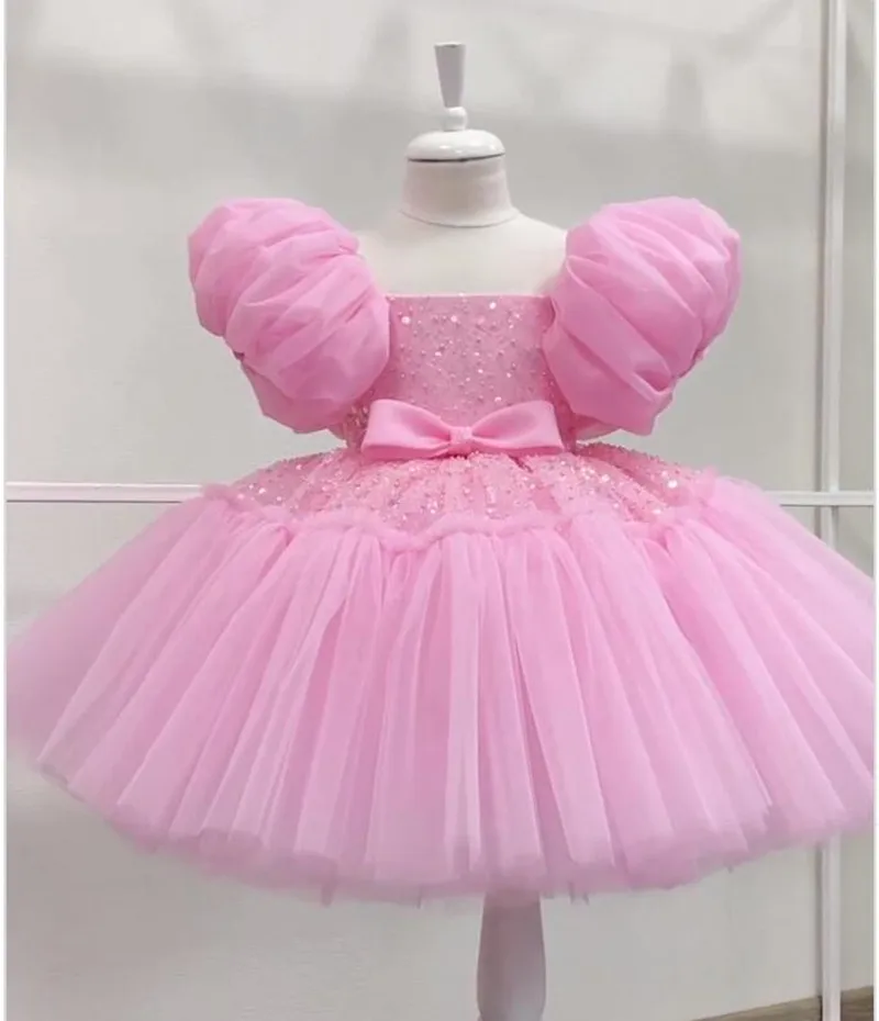 Vestido da menina flor branca e rosa, Vestido Puffy Lantejoula, Frisado, Mangas curtas, Princesa, Vestido de Primeira Comunhão, Vestido de aniversário infantil