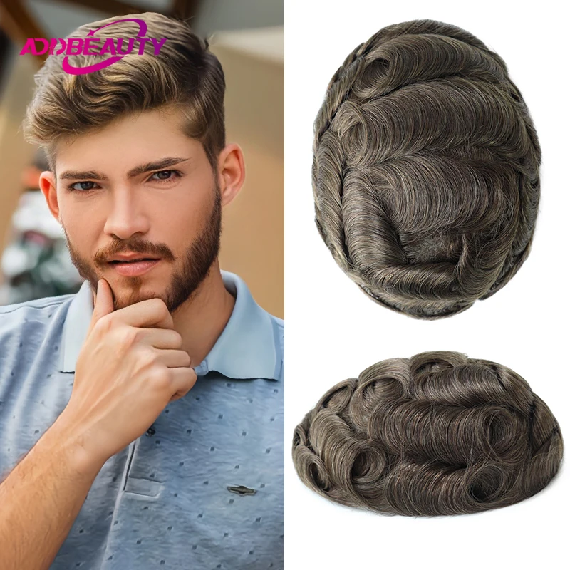 

Men's Capillary Prosthesis Vloop Front Thin Skin Full PU 5-6mm Men Toupee Indian Human Hair Wig With Knots Real Grey Hair Topper