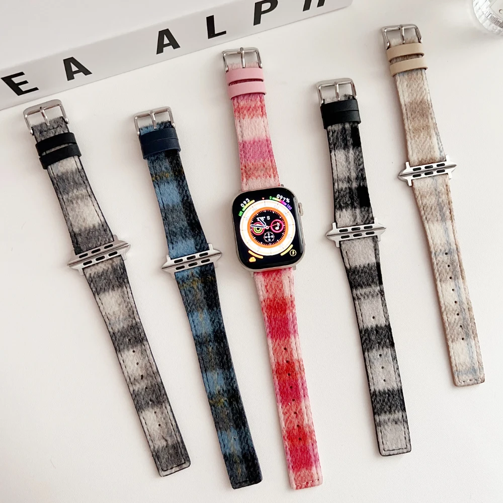 Women Plaid Plush Canvas Band For Apple Watch Ultra 2 49mm Strap 41mm 45mm For IWatch Series 9 SE 8 7 6 5 4 Wristband 40mm 44mm