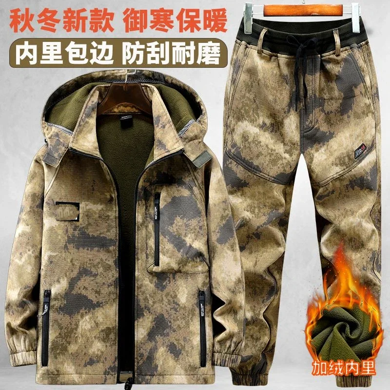 Men Fleece Lined Camo Tracksuit Hooded Jacket Cargo Pants Wear Resistant Outdoor Hunting Fishing Workwear Set Autumn Winter