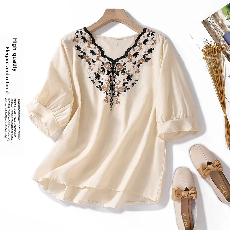 

Heavy Embroidery Cotton Linen irt Women Summer Loose Overhead Top V-ne Button Sle Artistic Commute Faion Regular Sve