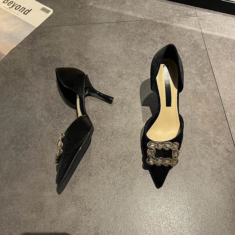 

Pointed-toe Sexy Black Pumps High-heeled Shoes for Women sandals woman summer 2024 comfortable New Metal Buckle Stiletto Shoes