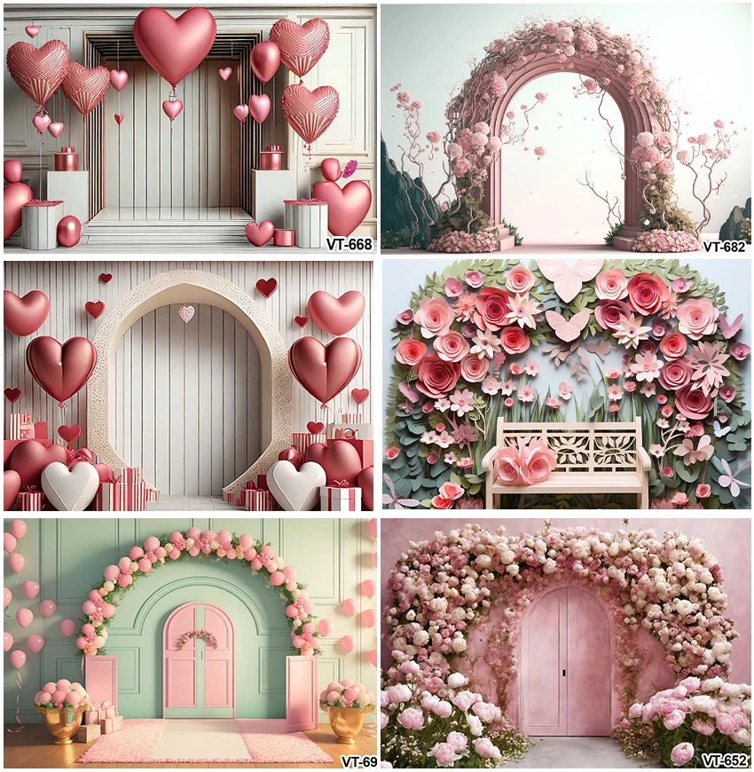 

Valentines Arched Floral Wedding Day Of Love Photography Backgrounds Balloons Gifts Box Decor Marriage Birthday Party Backdrops