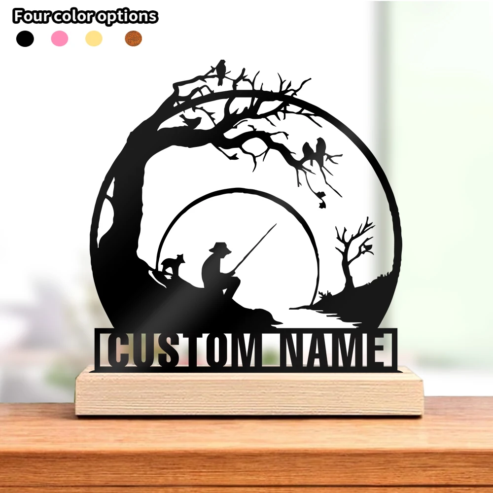 1 pieza Estatua de metal personalizada con texto para pesca en río, con base de madera, Adorno de metal con base de madera, Escultura de metal con base de madera