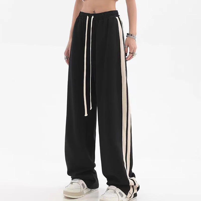 MEXZT Striped Joggers Sweatpants Bf Hip Hop Women High Waist Wide Leg Sports Pants Streetwear Drawstring Baggy Straight Trousers