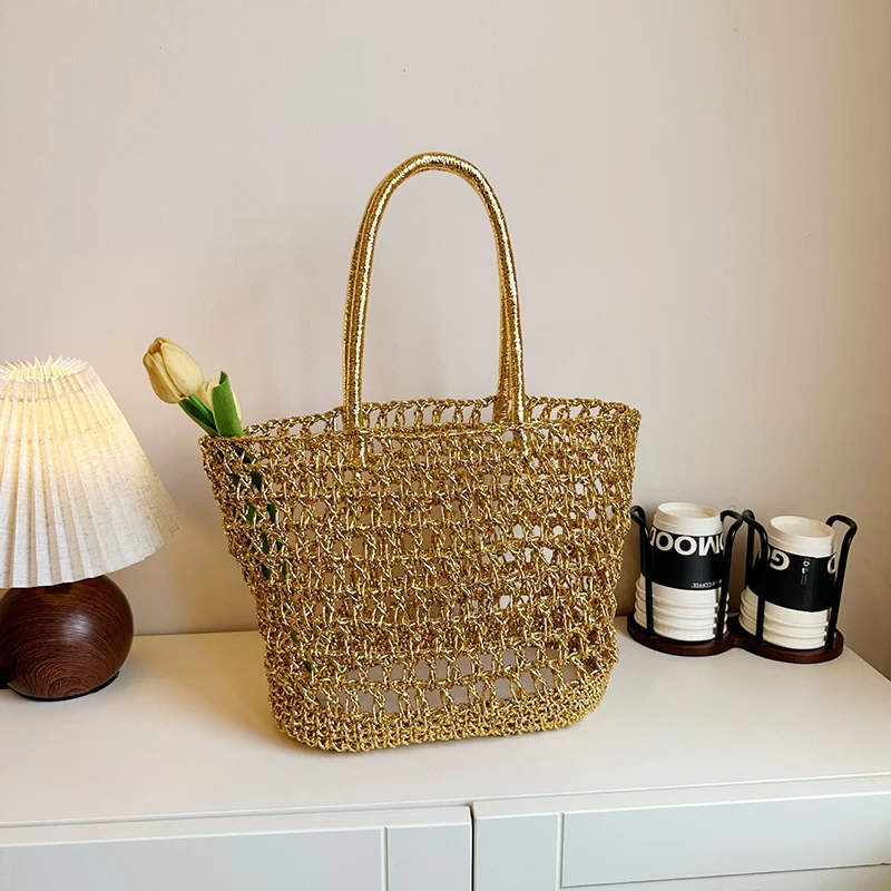Goldene Hohlgeflechtte Shopper-Markttasche, Damen Casual Chic Strand- und Pendler-Tragetasche, Koreanische Bucket-Handtasche – Detail 1
