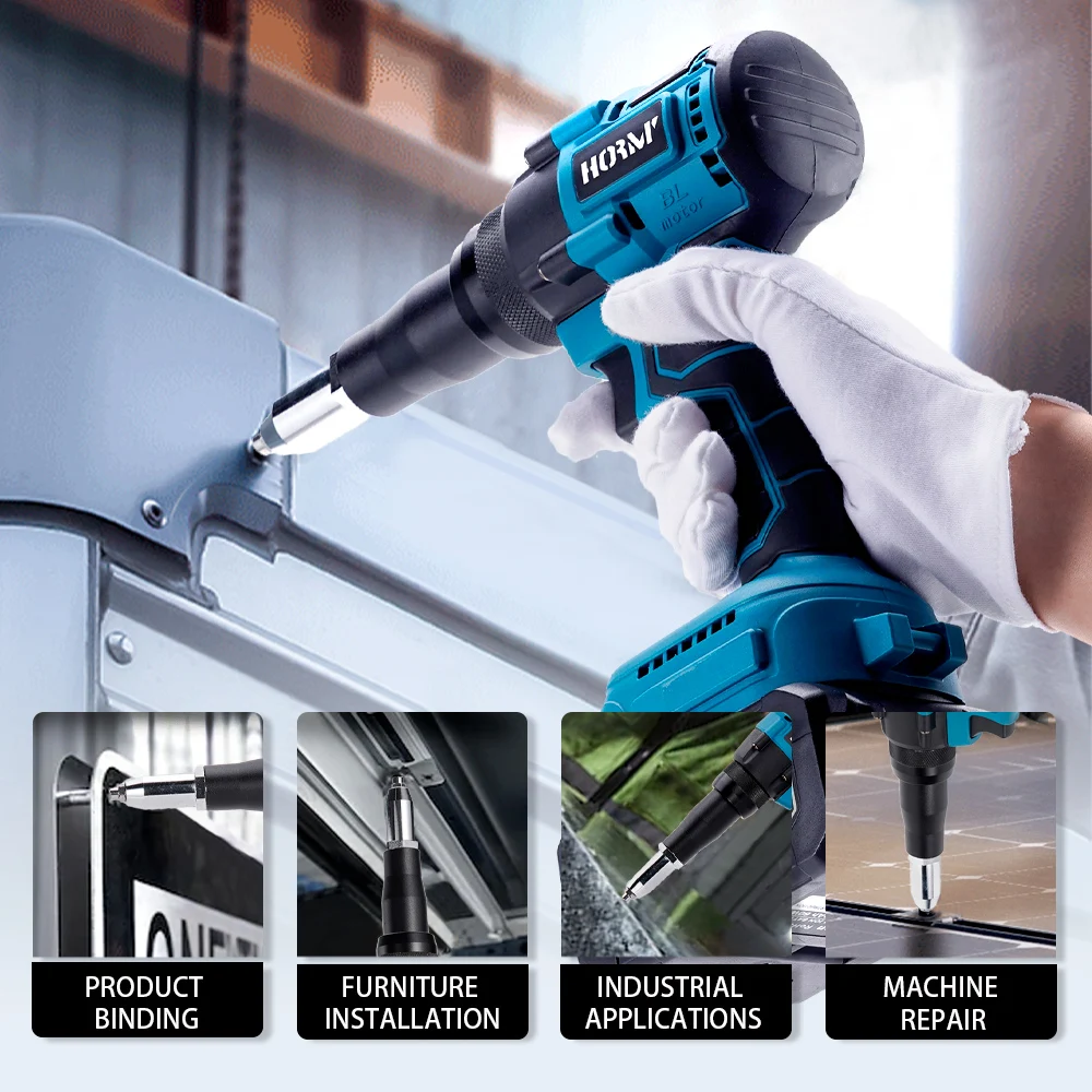 Hormy Brushless Electric Rivet Gun Cordless Rivet Nut Gun LED Auto Rivet Drill Rechargeable Power Tool For Makita No Battery
