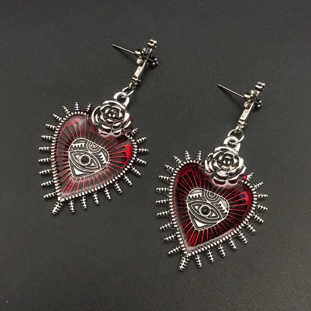 New Cross Occult Diablo Goth Piercing Drop Earrings Personality Rose Heart Oil Gothic Women\'s Earings Retro Hanging Jewellry