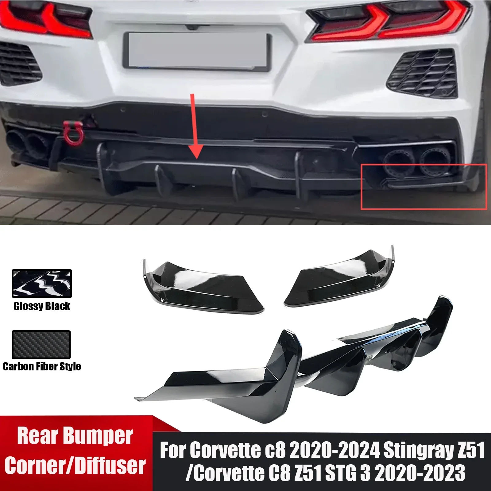 Rear Bumper Diffuser/Corner Extension For Chevrolet Corvette C8 Z51 STG 3 2020-2023/Stingray Z51 Splitter Spoiler CarAccessories