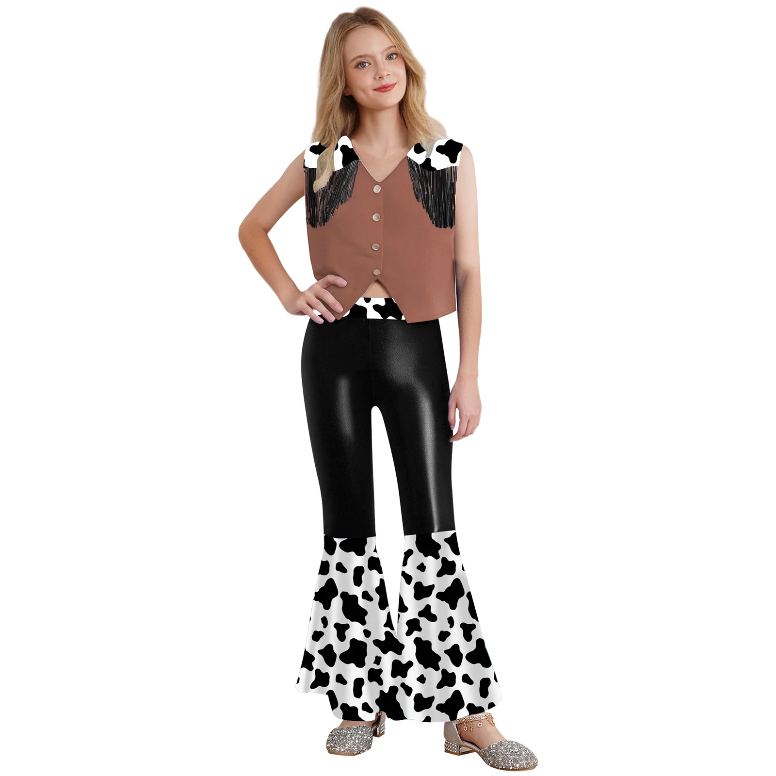 

Halloween Cowgirl Hippie Cosplay Sets Vest Top And Shiny Metallic Cow Print Pants Vintage Cowboy Carnival Party Outfit