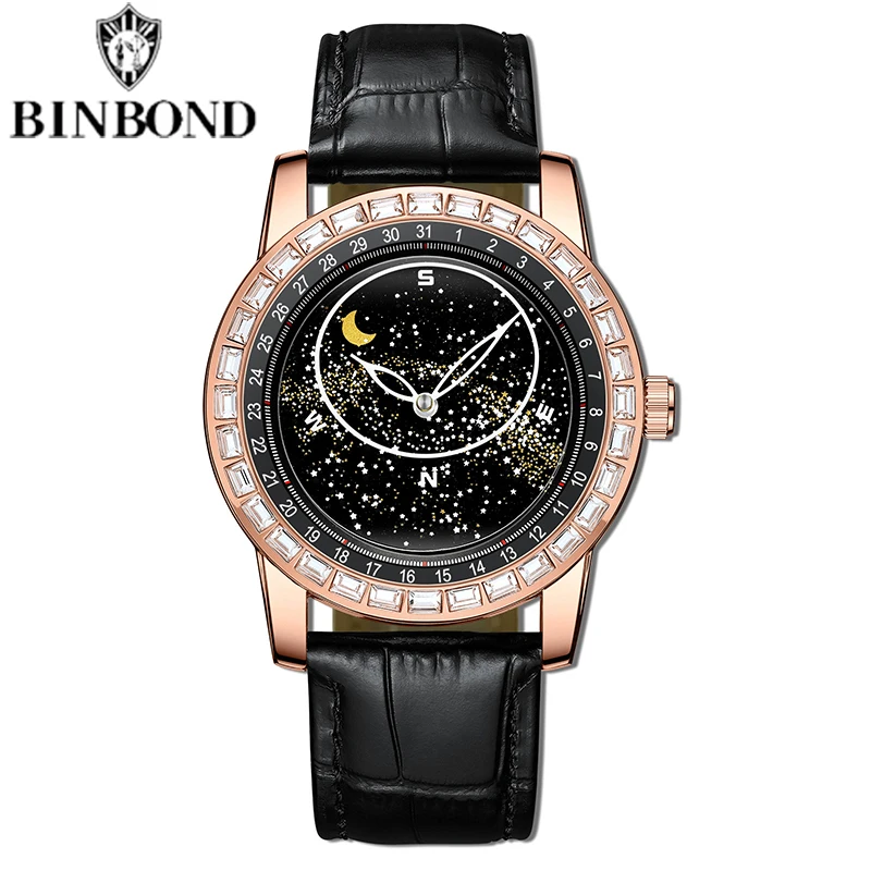 BINBOND Brand Rotating All Over The Sky Empty Diamond Men Watches Fashion Business Sun Moon Stars Waterproof Luminous Men Watch