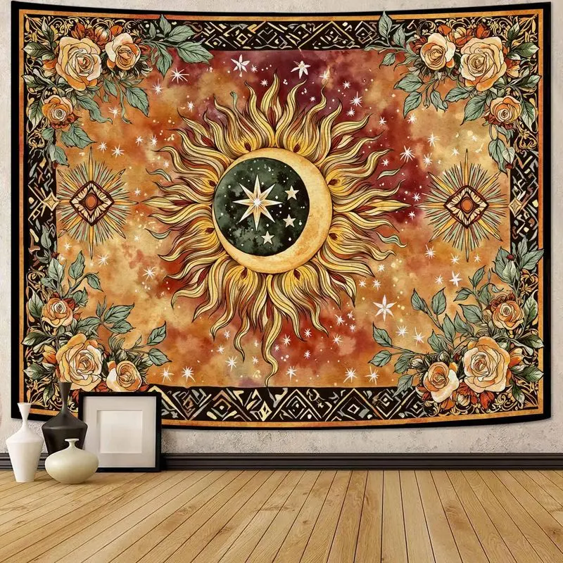 VIKAMA Golden Sun Moon Stars Wall Tapestry with Warm Rose Floral Border, Celestial Vintage Art for Bedroom Bohemian Decor