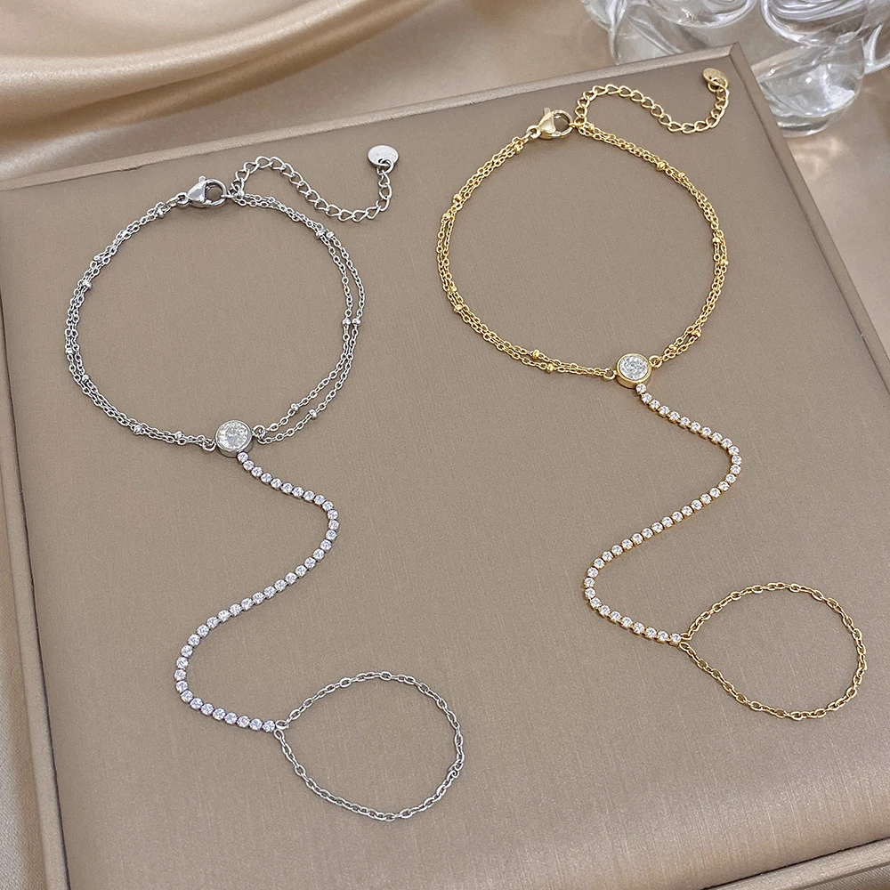 Exquisite Mirco Inlaid Zircon Bracelet for Women Gold Color Stainless Steel Link Connected Finger Ring Bracelets Hand Jewelry
