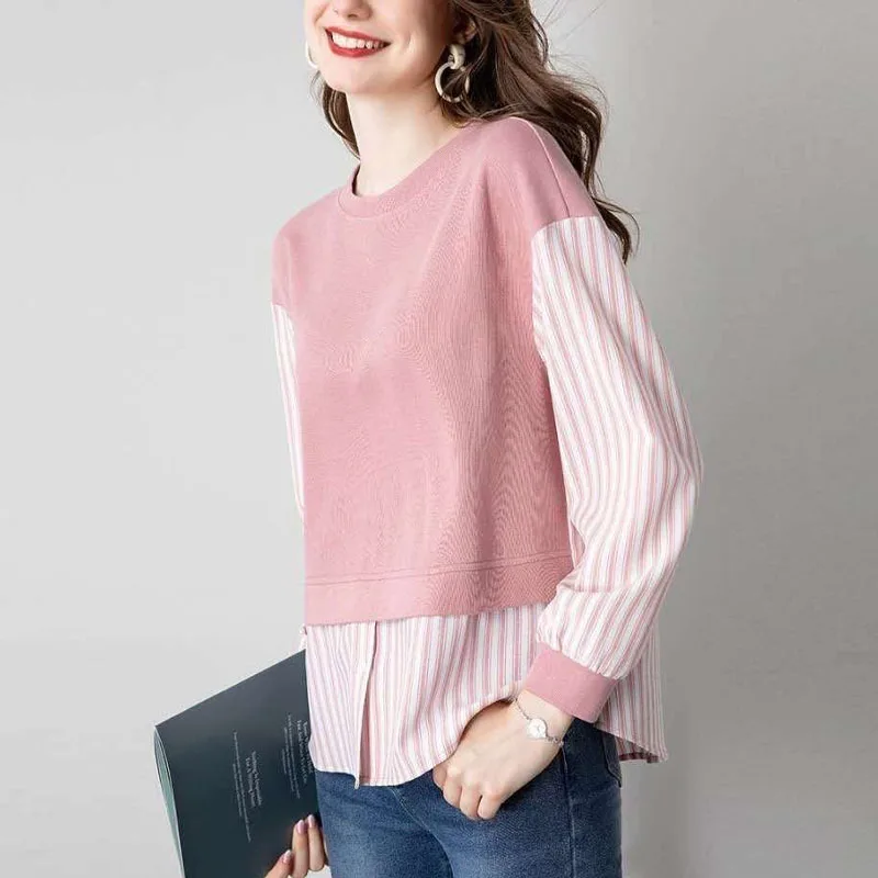 Spring Fashion Trend Round Neck Stripe Fake Two Piece Panel Loose Versatile Simple Age Reducing Casual Women\'s Long Sleeve Sweat