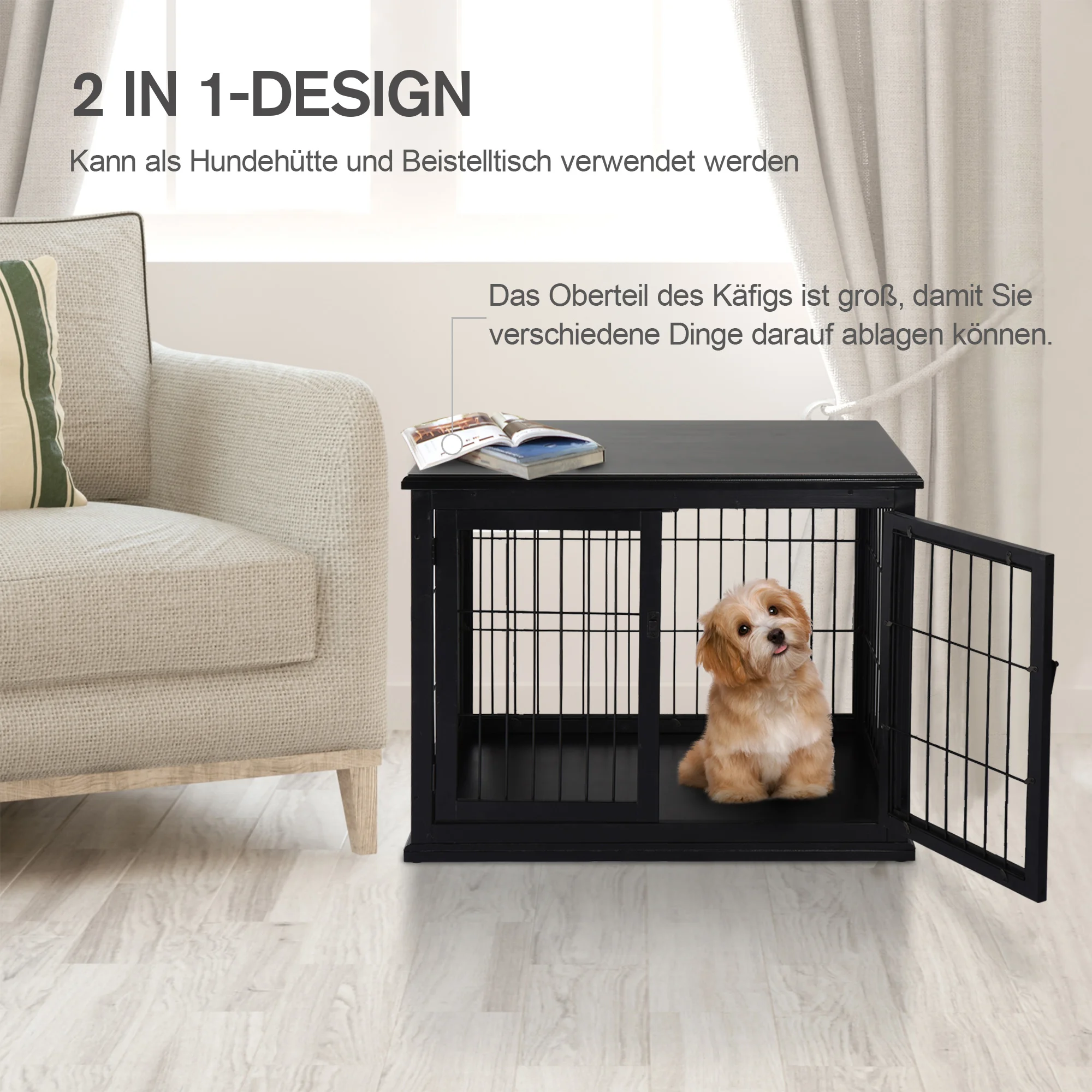Hundehütte mit Tischplatte, kleiner Tierkäfig für den Innenbereich, MDF-Metall, schwarz, 81x58,5x66 cm. – Detail 5