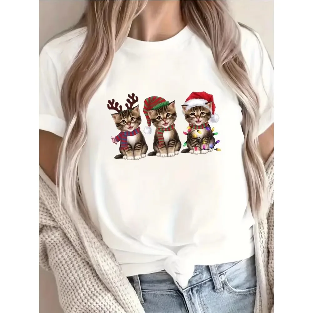 

Женская рождественская футболка с котом, милый Санта-Клаус, мягкий повседневный топ с круглым вырезом, праздничная одежда для вечеринок, футболка с рисунком, рубашка с принтом