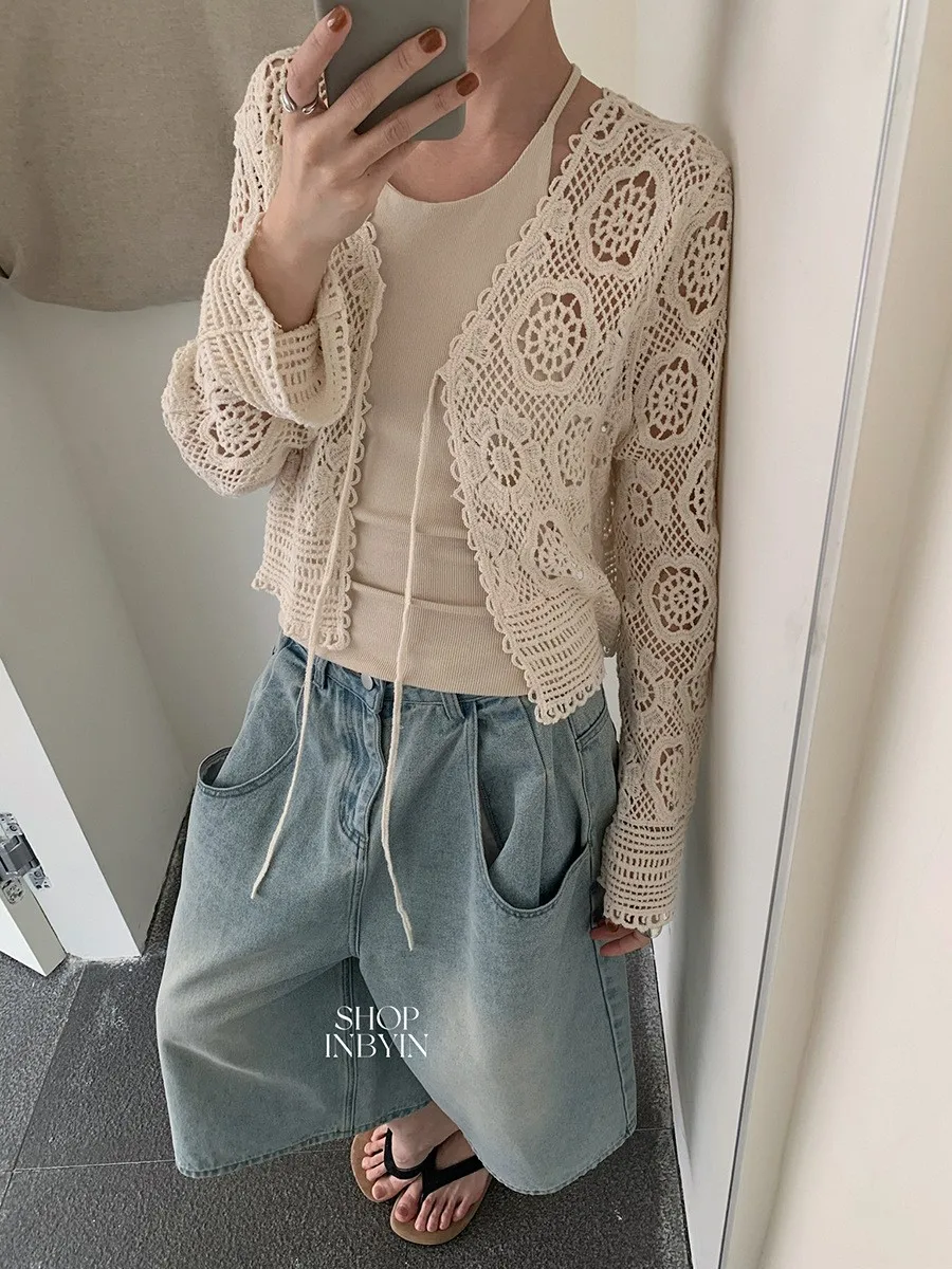 Frühlings-Damenbekleidung: Gehäkelte Strickjacke mit Schnürung, offener Vorderseite, französischer Stil, langärmlig, Baumwolle, V-Ausschnitt, lässiger Cardigan
