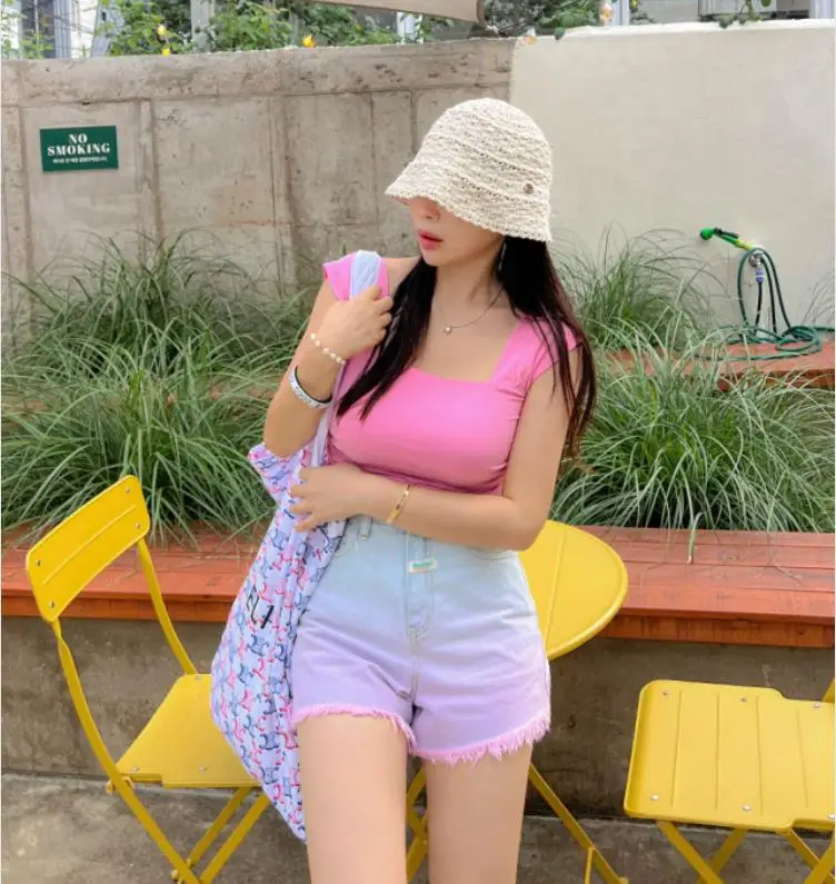 

Retro Waed adient Dyed Frayed Hem Denim orts Women High Waist Wide Leg Hot orts Trendy Summer Blue Jeans