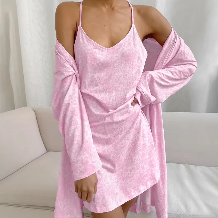 Chic Summer Robe & Gown Sets Lounge Knitted Suspender Nightdress Long-sleeved Nightgown Two-piece Set Women's Loungewear Y2K