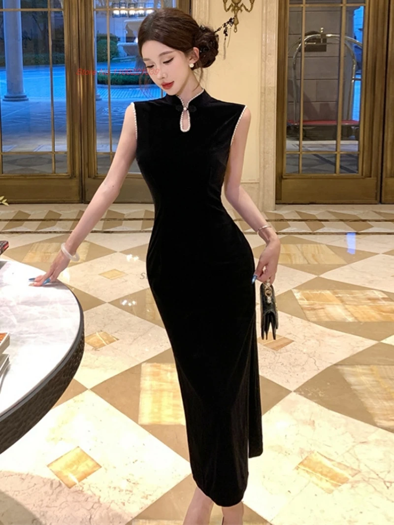 

Китайское сексуальное платье Ципао, улучшенное Cheongsam, традиционное бархатное платье Ципао без рукавов для ночного клуба, облегающее платье с лямкой на шее, Ципао