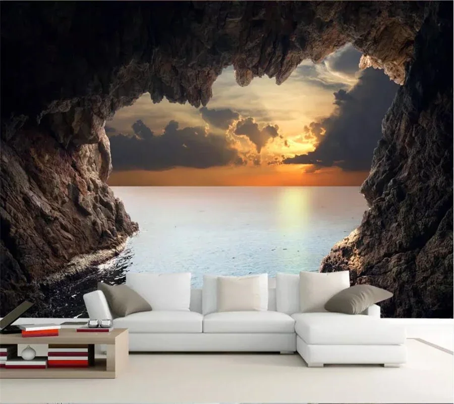 

Custom wallpaper 3d murals cave seascape beautiful sunset landscape mural living room ink painting Jiangnan water village обои