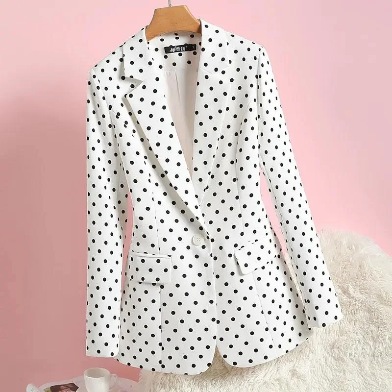 

Fashion Polka Dot White Suit Jacket Women's Blazer Slim Printed Temperament Spring Autumn New Suit Coat Outerwear Female