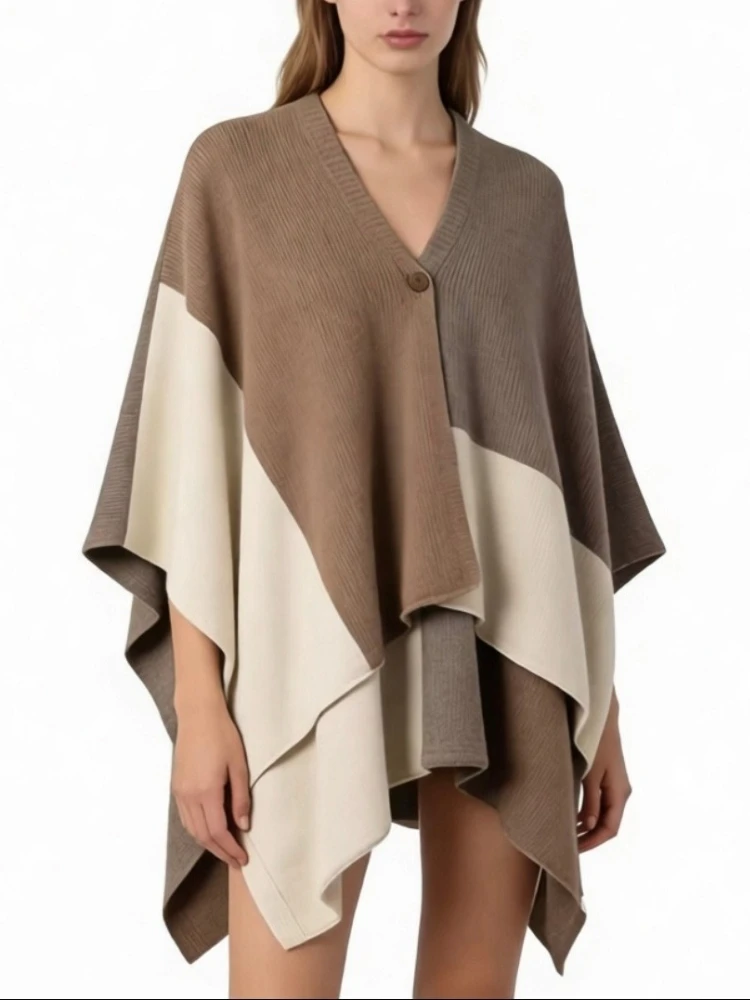 Autumn Winter Women Cloak Pullover Color Blocked Warm Shawl Cloak Cashmere Top Hijabs for Woman Wraps