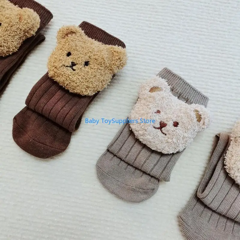 

R1WF Cozy Baby Socks Newborn Kiddie Winter Socks Knee High Socks Breathable Knitted Cotton Socks Cartoon Bear Children Socks