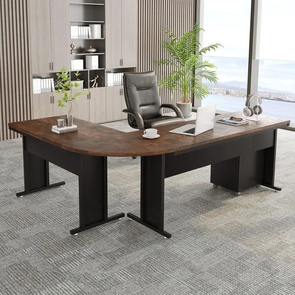 

83 L-Shaped Desk with Drawers, Industrial Style Computer Desk and Rolling File Cabinet for Home or Office (Brown)